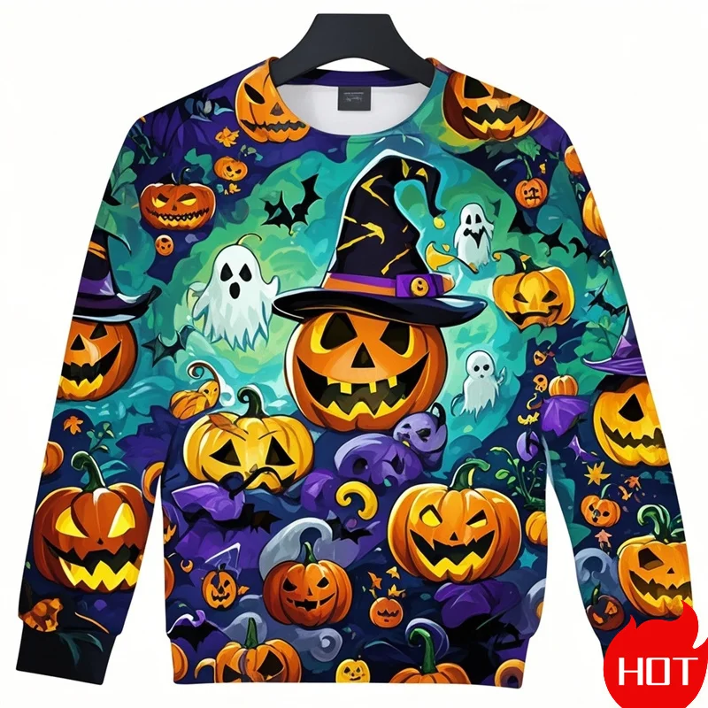 面白いハロウィングラフィックメンズレディーススウェットシャツクリエイティブゴーストパンプキンプリントOネックプルオーバールーズ長袖秋デイリートップ