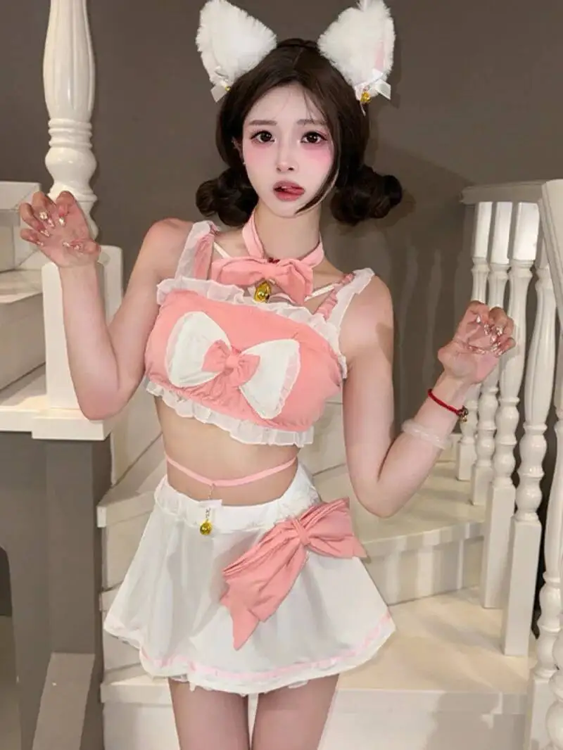 

Sexy Bunny Girl Maid Uniform Sweet Skirt Sets Bowknot Bell Backless Deep V Suspenders Sleeveless Skirt Sets Cute Charming ELPP