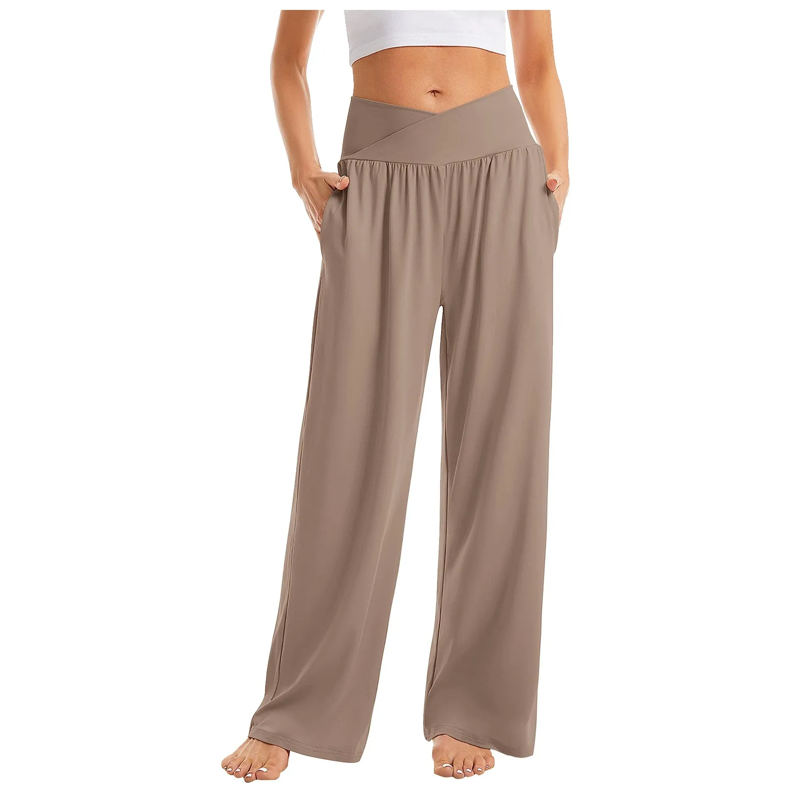 Women's High Waist Solid Color Casual Trousers Wide Leg Sports Pants With Pockets