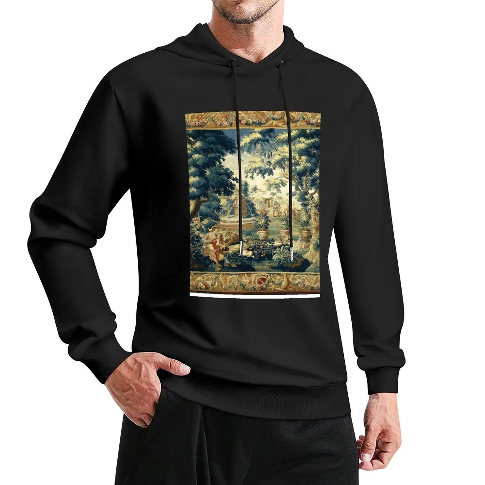 PARK SCENE WITH TREES,SITTING COUPLE AND HUNTERS IN WOODLAND LANDSCAPE Antique Flemish Tapestry Pullover Hoodie