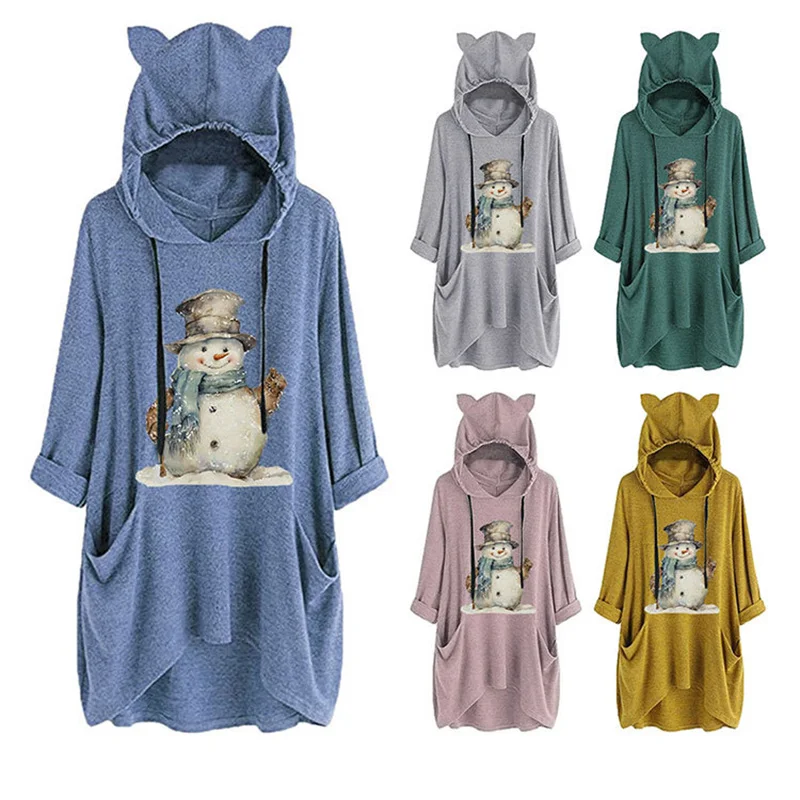 

Autumn and winter warm season new cotton women's snowman top hat print fashion cute retro hooded cat ear hoodie