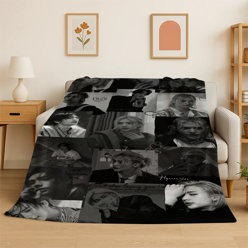Kpop Hyunjin Stray Kids Music Flannel Blanket Soft Warm Throw Blanket for Bedroom Living Room Bed Travel Camping Picnic Gift