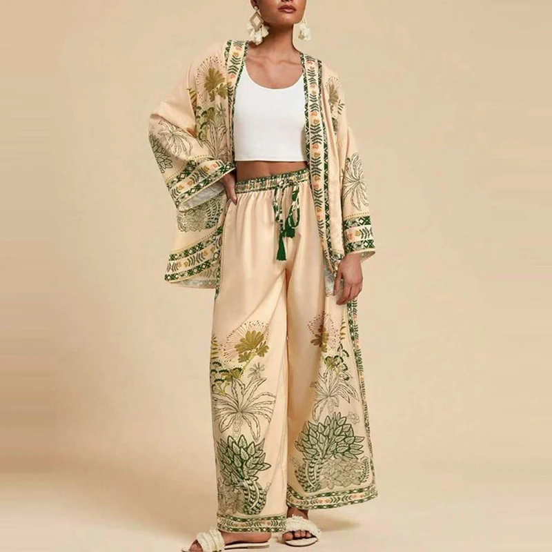 Loose long sleeved cardigan wide leg pants comfortable daily set casual printed spring and autumn fashion new product set