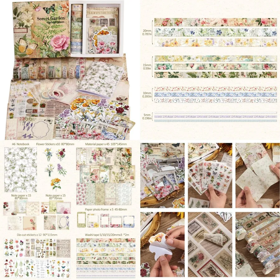 

Vintage Botanical Scrapbooking Supplies Kit Aesthetic Flower Scrapbook Kit for Bullet Junk Journal 12 Rolls Washi Tape Stickers
