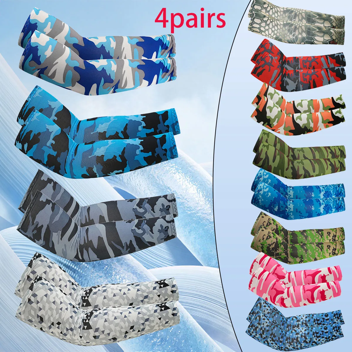 4 pares de trajes de camuflaje de moda, protectores de brazos de seda de hielo de 8% spandex, protectores de brazos de seda de hielo para exteriores, ropa de pesca para hombres y mujeres, fundas de hielo de camuflaje finas de primavera y verano