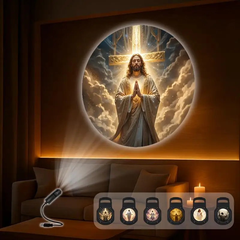 USB Church Nativity Projector Light 6pcs Patterns Adjustable LED Projection Lamp Church Bedroom Faith Prayer Atmosphere Decor