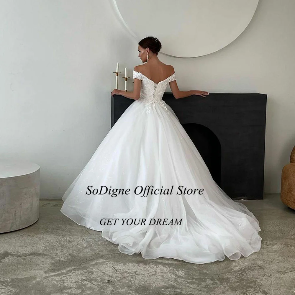 SoDigne Princess Wedding Dresses Off Shoulder Bridal Gowns A-Line Lace Appliques Glitter Tulle Bride Dress 2022 High Quality