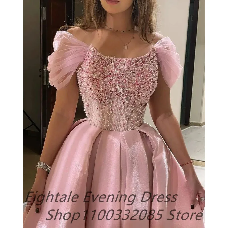 Eightale Princess Tea Length Pink Evening Dresses With Cape Off Shoulder Beaded Prom Dresses Dubai Formal Party Gown Customized