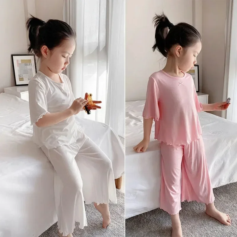 Girls Sets Summer Thin Children Short Sleeve Set Ice Silk 2pcs Homewear Clothes 2-10 Years Girl Pure Color Kids Pajamas Set