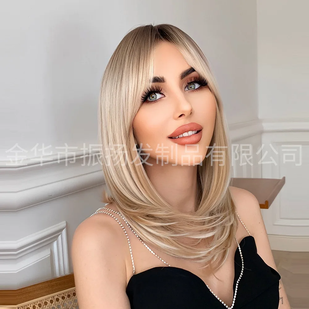 

European and American style eight-character bangs women's wig top dyeing black gradual change brown medium and long curly hair f