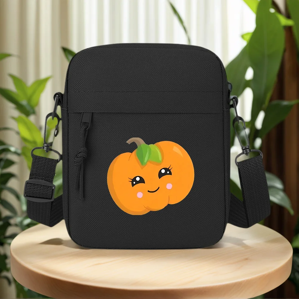 Cute pumpkin face smiling eyes,leaves Men Crossbody Bag Single Shoulder Women Cartoon Anime Film Printing Design Unisex
