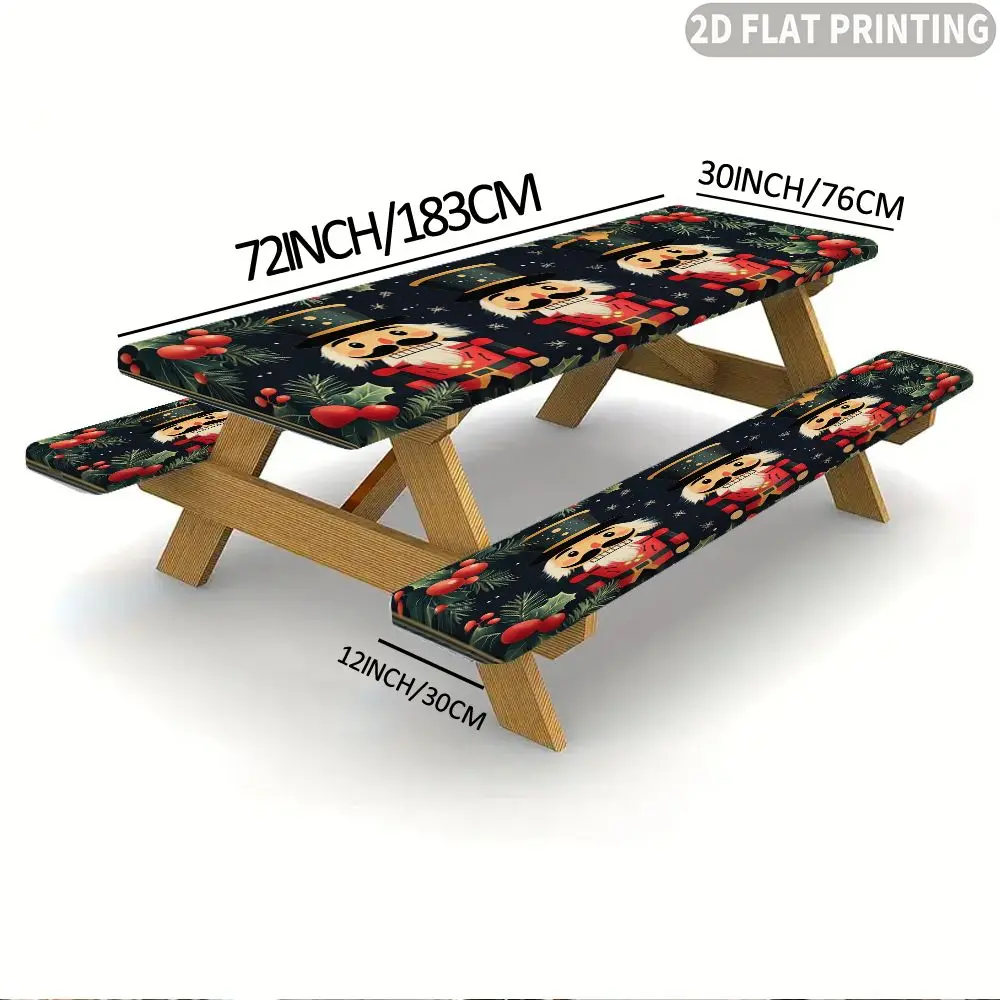 3pcs 2D FLAT Printing 1 Tablecover +2 Bench Covers, Red Berries And Green Leaves, Elastic Band Edge Dining Tablecloth