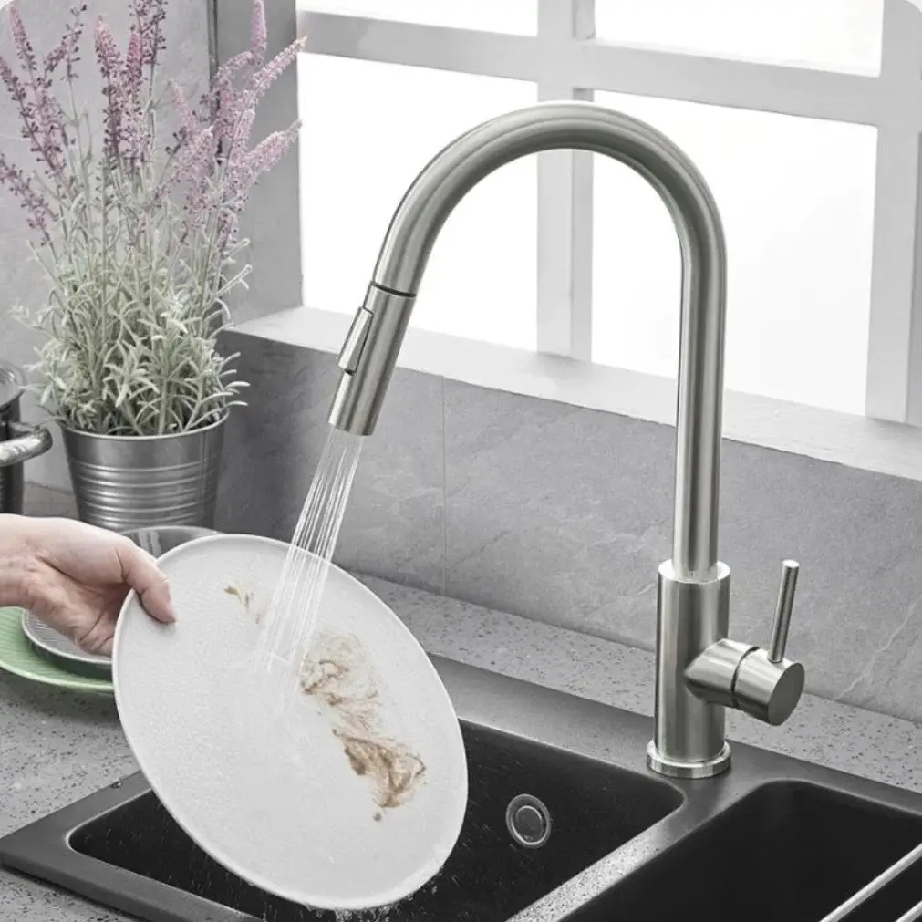 White 304 Stainless Steel Kitchen Pull-out Faucet - Rotatable Sink Faucet for Vegetable Washing, Multi-functional Sink Faucet