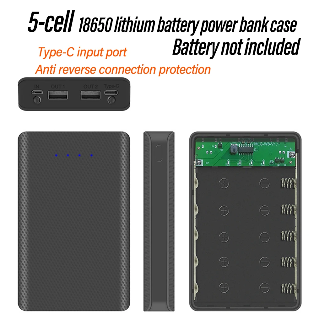 5 Cell 18650 Solder-Free DIY Mobile Power Supply Kit Battery Holder Shell Dual Output Type-C Input Reverse Polarity Protection