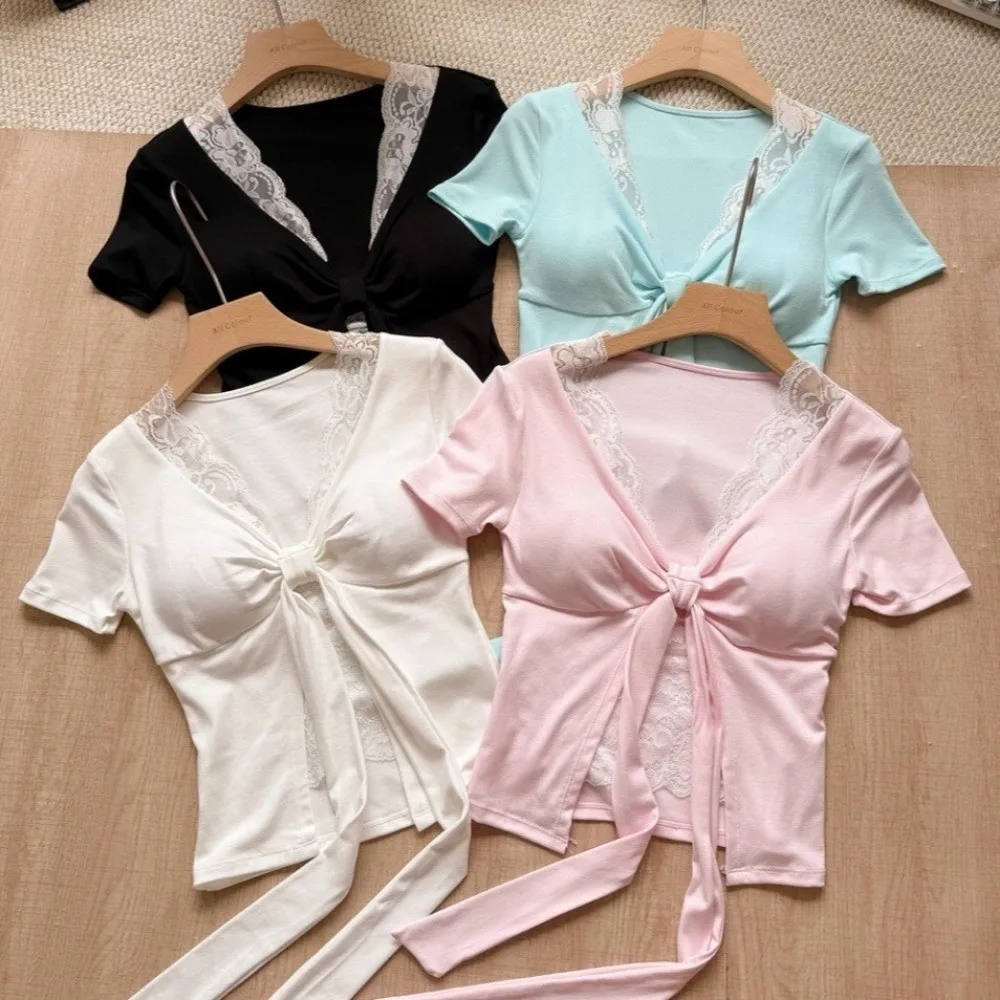 Chic Lace Trim Deep V-Neck T-Shirt Short Sleeved Split Knot Lace Top Chest Pad Patchwork Lace-up Slim Top Casual