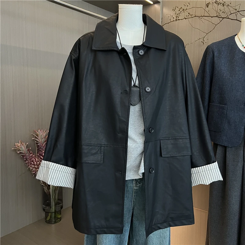 Ele Retro Bla Leather Jaet Allentato Casual Versatile di media lunghezza Colletto alla coreana Primavera Autunno Faion Capispalla per donna