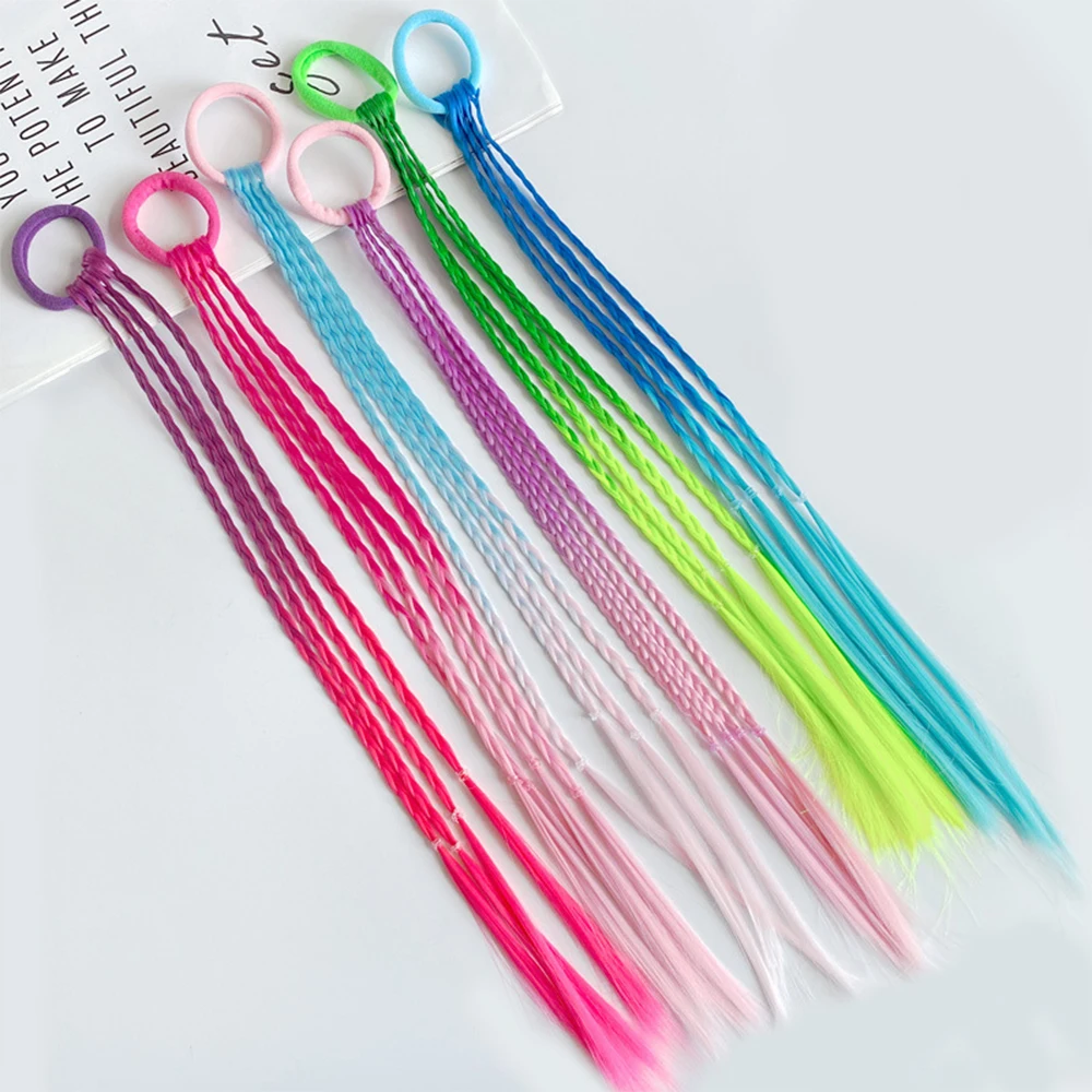 Extensions Capillaires Synthétiques Tressées Colorées avec artificiel astiques, Postiches Queue de Cheval Arc-en-ciel, Accessoires pour Enfants et