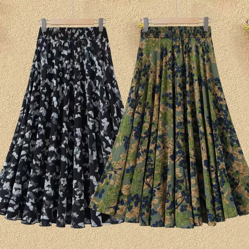 

Elastic Waist Midi Skirt for Middle-Aged And ly Mothers Summer Square Dance Skirt Floral Print Commuter Sle High Waist