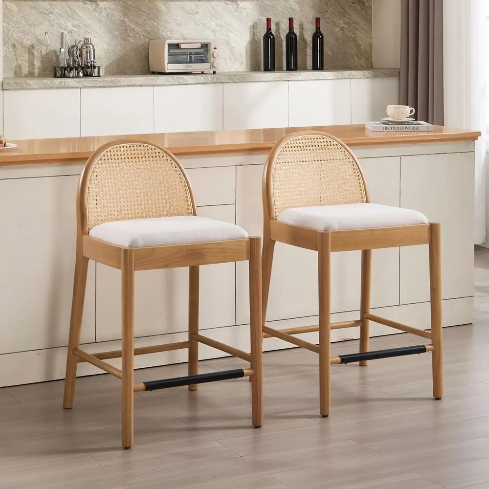 

26 Inch Rattan Counter Height Bar Stools Set of 2, Upholstered Linen Fabric Bar Stools with Backrest and Solid Wood Legs, Moder