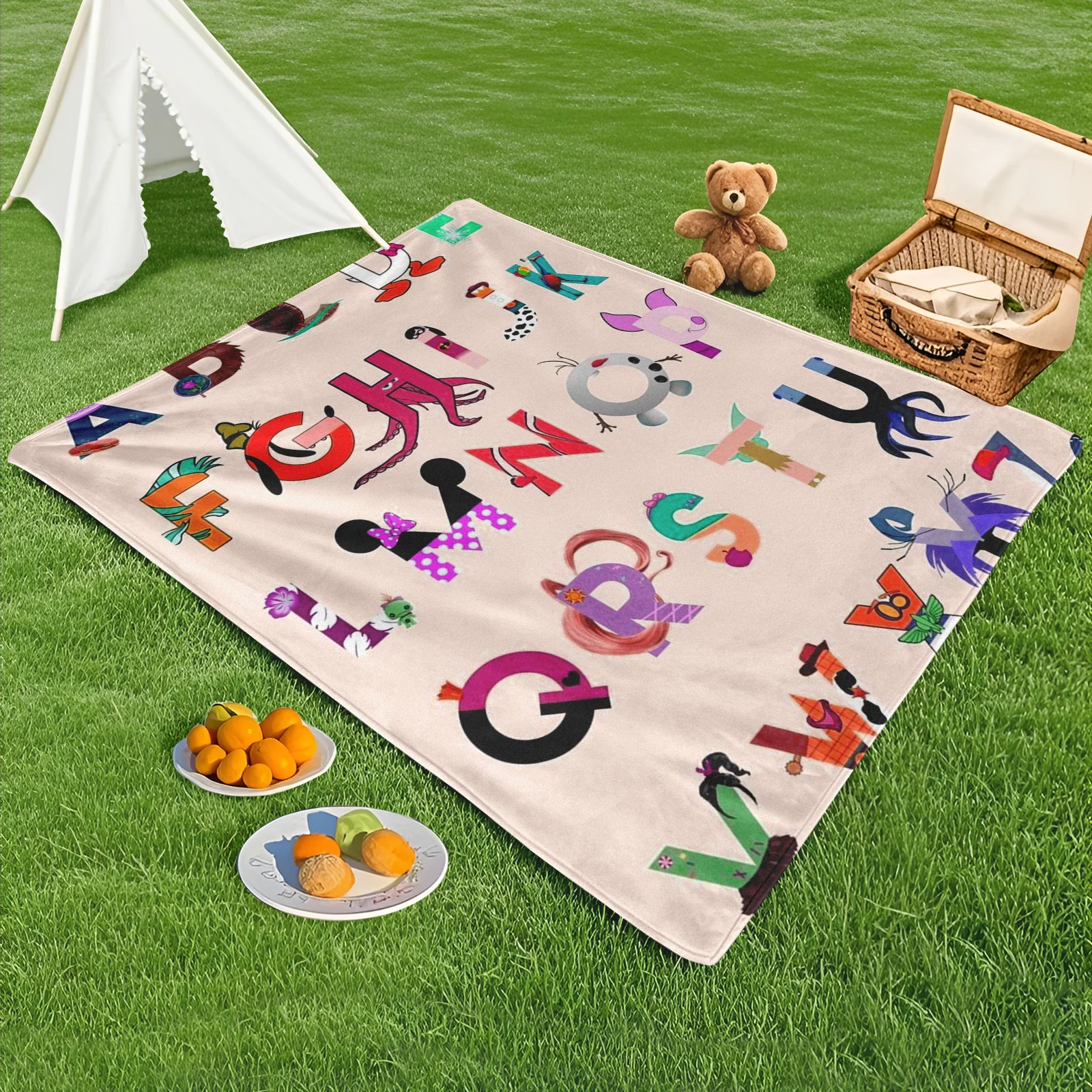 Outdoor Blanket With 26 Alphabet Letters On Pink Background Featuring Cute Cartoon Animals For Fun Outdoor Use