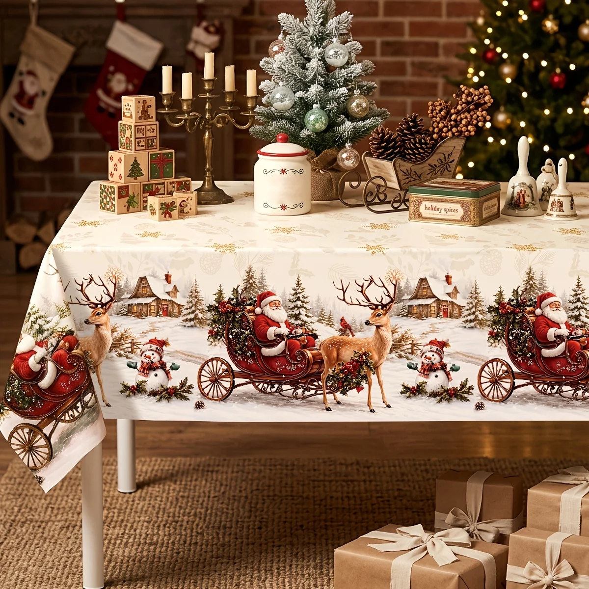 1pc, Vintage Christmas Disposable PE Tablecloth, 86.61*51.18inch, Snowflake Elk Santa Claus Pulls Sleds Pattern Tablecover, Merr
