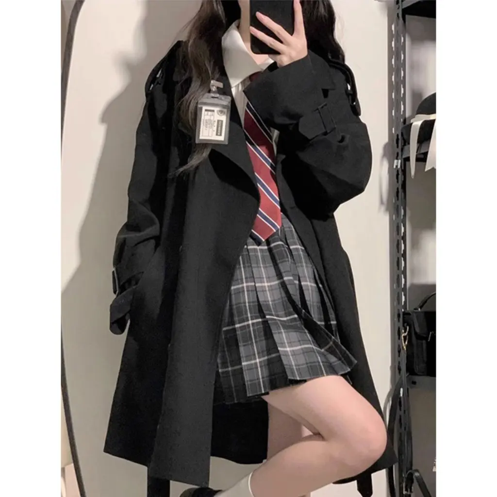 

Women's Mid-Length British Preppy Windbreaker Jacket Popular Unique Style for Spring And Autumn Small Student Outwear