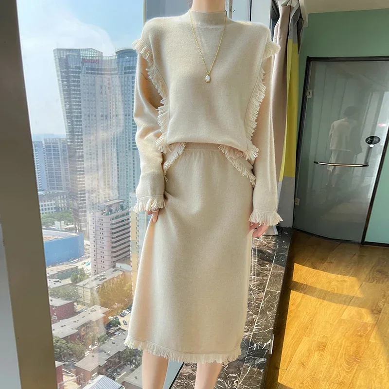 Women's 100% Cashmere Skirt Set Fashion Long Sleeve Knitted Half High Collar Pullover Sweater Versatile Women's Half Skirt New