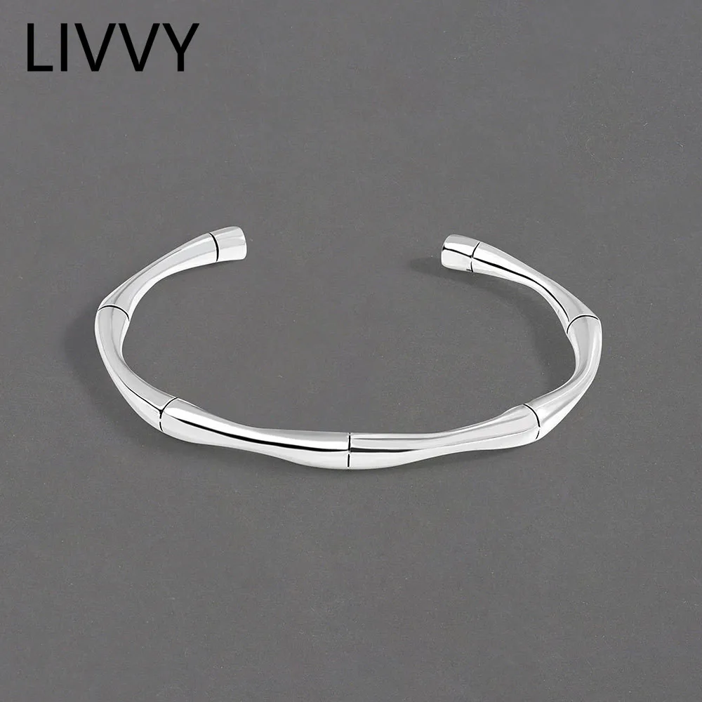 LIVVY Simple Silver Color Vintage Bamboo Bracelet  For Women Size Adjustable  Trendy  Smooth Party  Jewelry Gifts