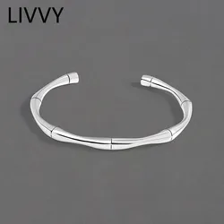 LIVVY Simple Silver Color Vintage Bamboo Bracelet For Women Size Adjustable Trendy Smooth Party Jewelry Gifts