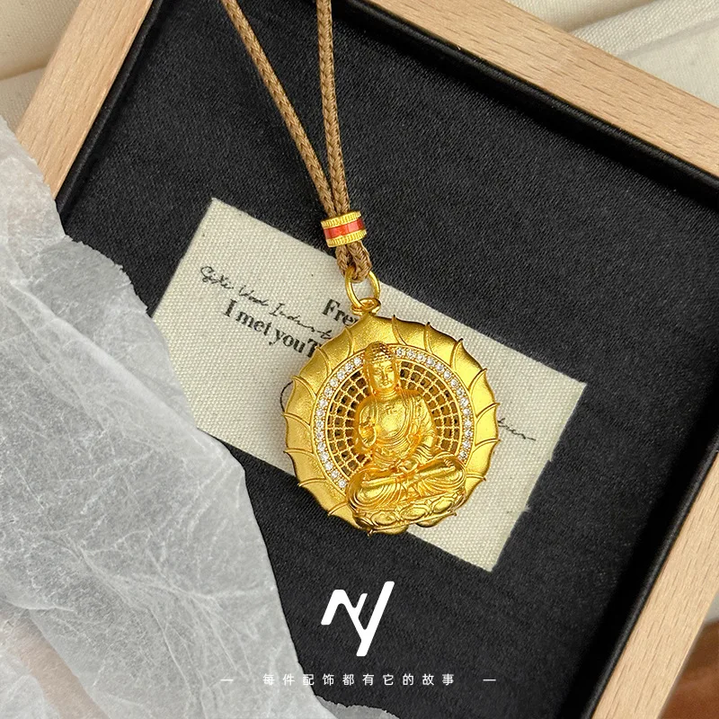 

999 real gold new Chinese-style ancient Buddha statue pendant, light luxury and elegant diamond Buddha necklace for women