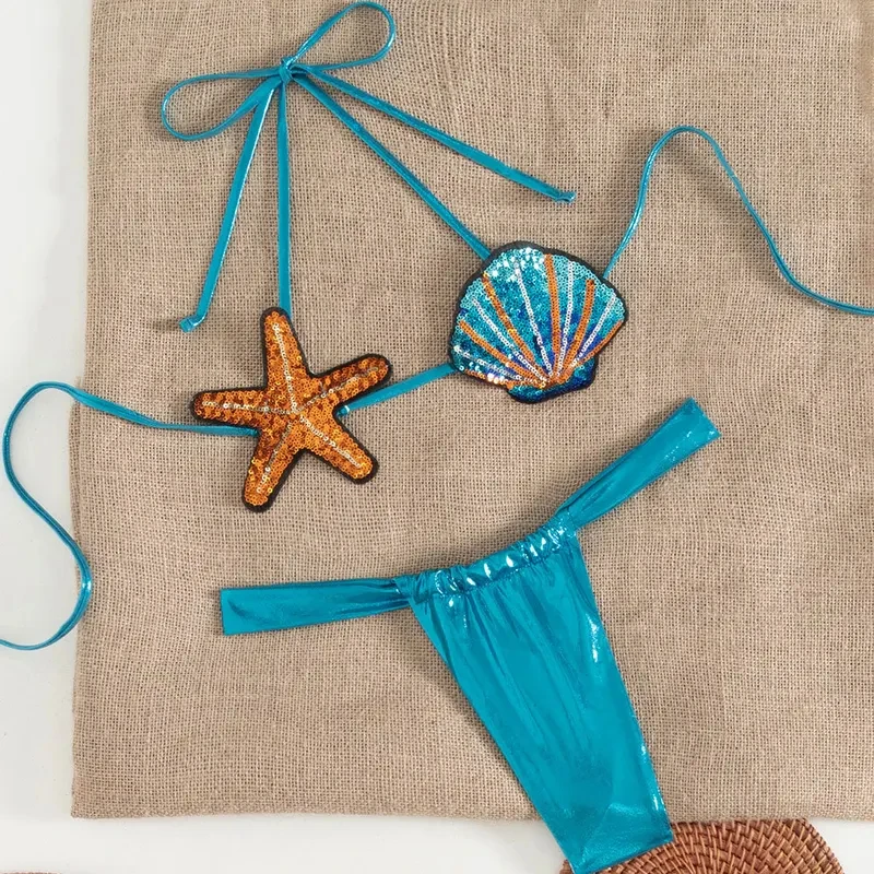 Shiny Sequin Shell Starfish Bikini Set Women Sexy Push Up Pleate Thong Swimsuit 2026 Brazilian Beach Bathing Suit Micro Swimwear