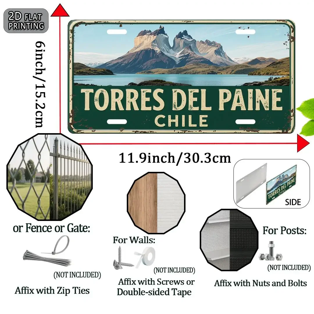2D Flat, 1pc Torres del Paine Vintage Metal License Plate - Chilean Patagonia Landscape Wall Decor (12x6 Inches / 30x15cm) - Hea