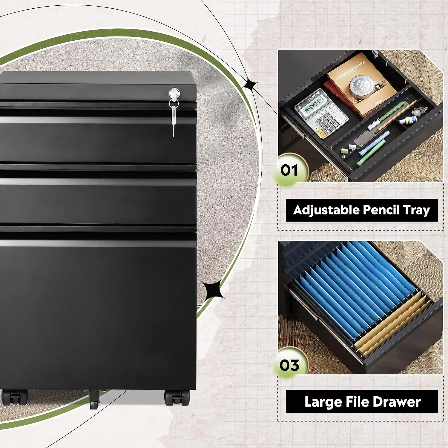 3 Drawer Locking File Cabinet Fully Assembled Metal Storage Office Mobile Pedestal, Customized