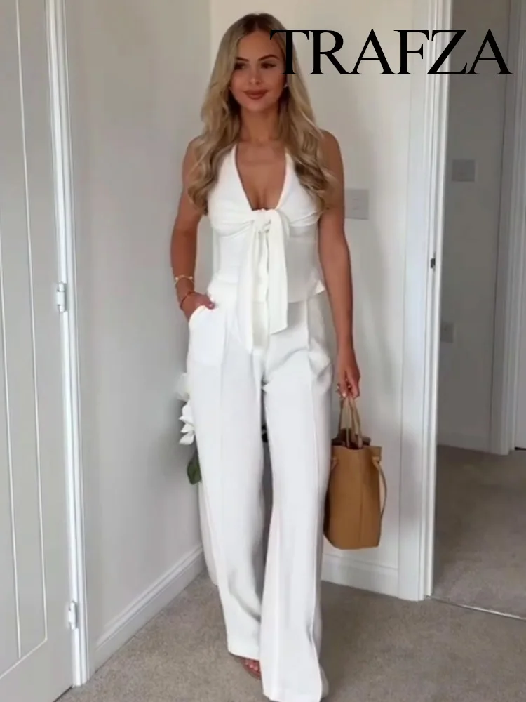 

TRAFZA Women Pants Suit Fashion Neck Halter Backless Design Short Top+Chic High Waist Side Pocket Zipper Solid Casual Long Pants