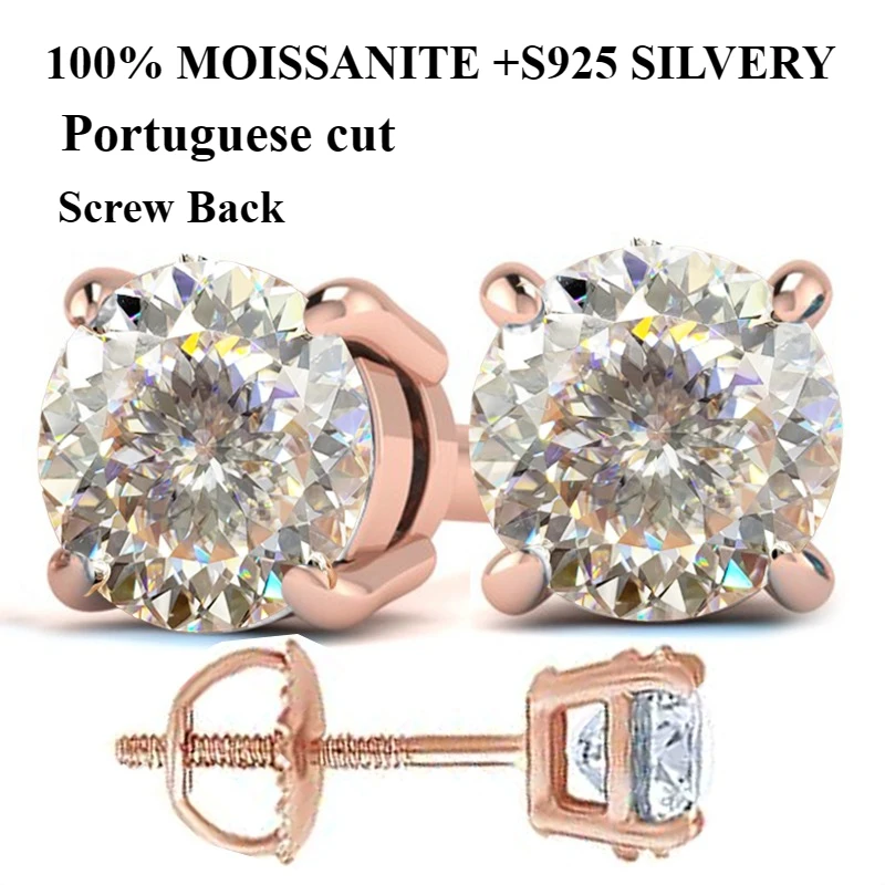 

100% S925 silvery Portuguese cut D moissanite screw back 4 prong stud earring for women golden plated yellow golden plated GRA
