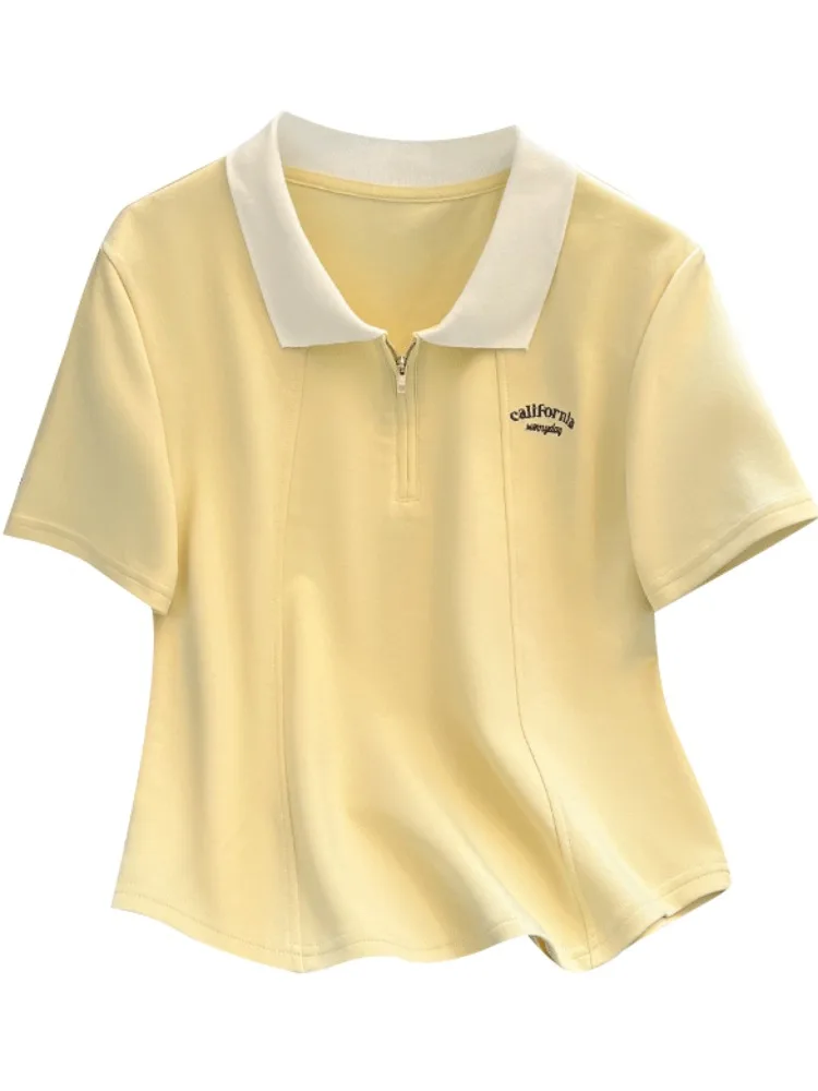 Summer Women's  irt ort Sve Zipper Pure Cotton Slim Fit Design Sense Henry Collar Top Korean Sle Commute Faion