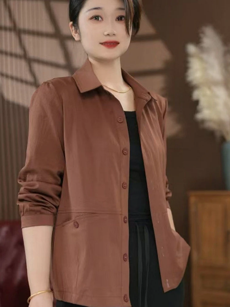 

Casual Shirt Spring Autumn New Style 2026 Small Size Mom Large Pocket Open Cardigan Single Layer Thin Versatile Outerwear