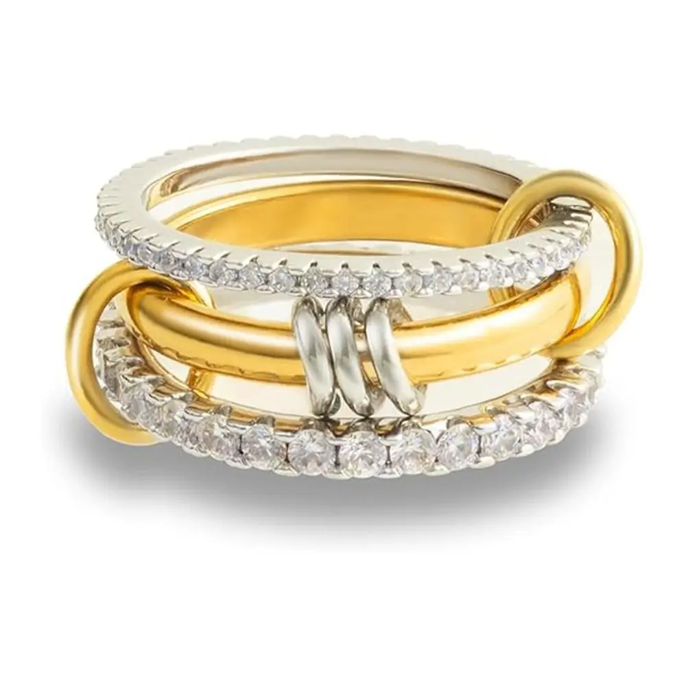Anillos de oro de acero inoxidable que no se deslustran, anillo apilable conectado multienlace, anillos delicados de circón con diamantes completos para mujer