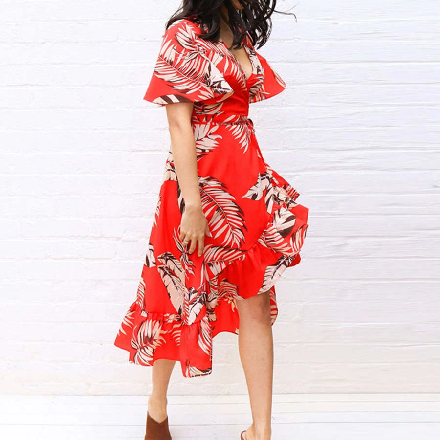 Zomer Chiffon Print Bloemen Onregelmatige Jurken Vrouwen Mode Sexy V-Hals Hoge Taille Jurken Boho Strand Vestidos Hot Selling