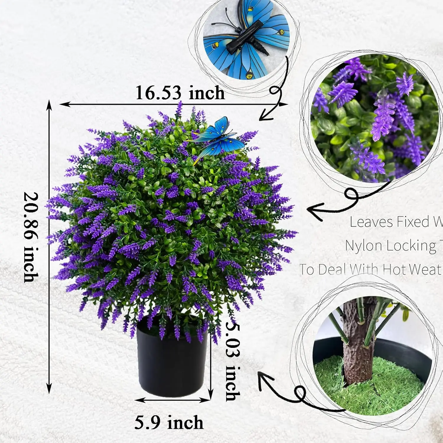 Artificial Lavender Topiary Ball Tree 20.86” Tall Set Of 2 Simulated Potted Plants And 12 Simulated Butterflies ,Suitable