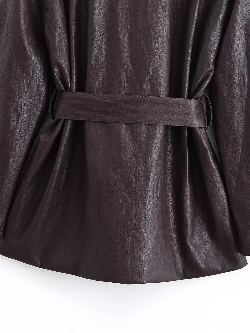 Damski płaszcz 2025 zimowy nowy styl ciemnobrązowy długi płaszcz z długim rękawem ze sztucznej skóry z paskiem, casualowy, modny, uniwersalny