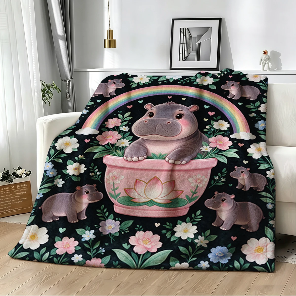 Hamster Bucket Rainbw Hearts Flannel Blanket Warm Soft Halloween Christmas Decorative Couch Warm Cozy All-Season Gift