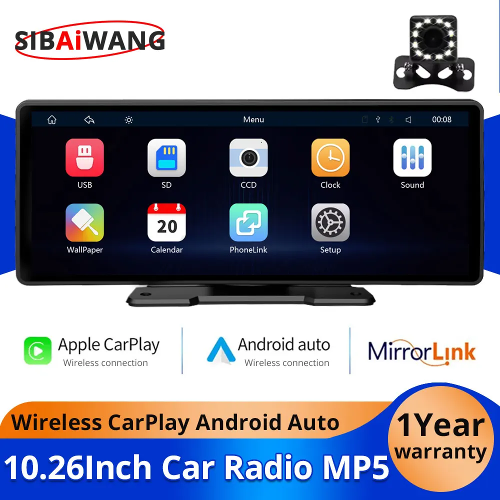 

10.26Inch Portable Wireless Carplay Android Auto Car Radio Multimedia Video MP5 Player Bluetooth HD Screen Rear Reversing Camera