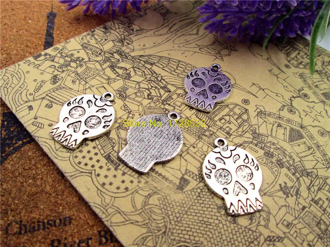 20pcs/lot  mexican sugar skull Charms Antiqued Silver Tone sugar skull  charm pendants 22x16mm