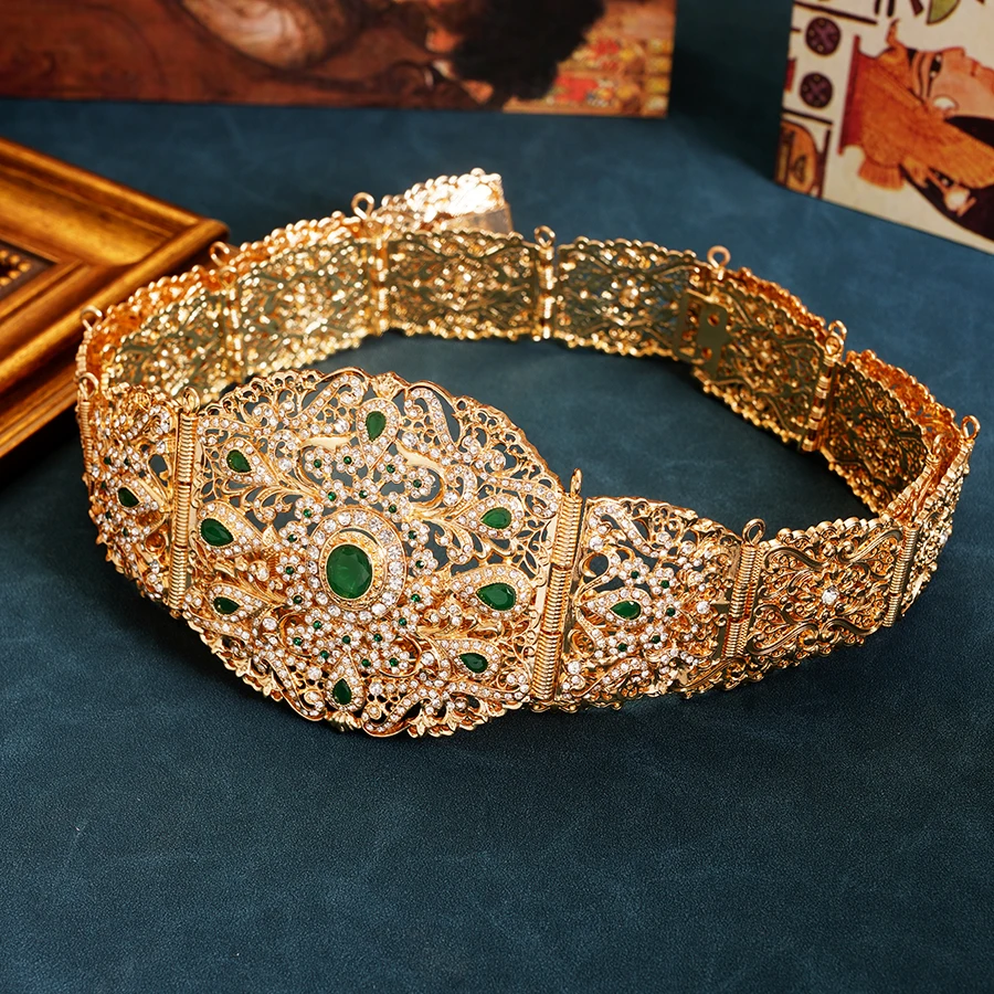 Ceinture de mariée marocaine de luxe, strass couleur or, longue chaîne pour femmes, bijoux Caftan, ceintures ethniques musulmanes pour robe de mariage