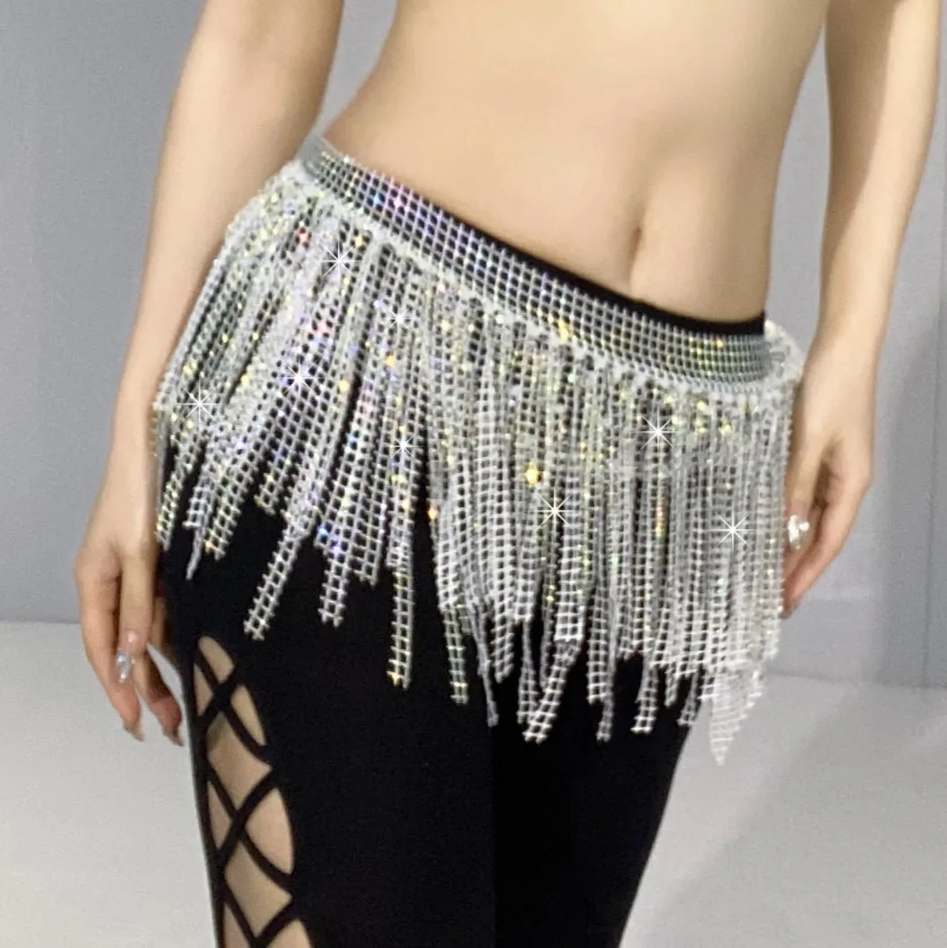 Shine Hip sciarpa cintura danza del ventre spettacolo Costume accessorio strass triangolo colorato gonna a portafoglio con frangia di lusso