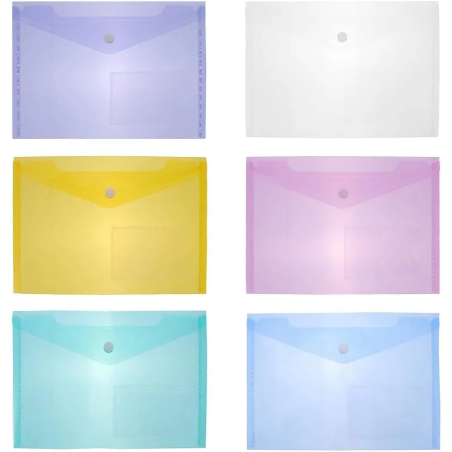 Busta in plastica da 6 pezzi Folde Pocket Folde Trasparente Documento Tasche per buste A5 File impermeabile trasparente con pulsante Sp per carta