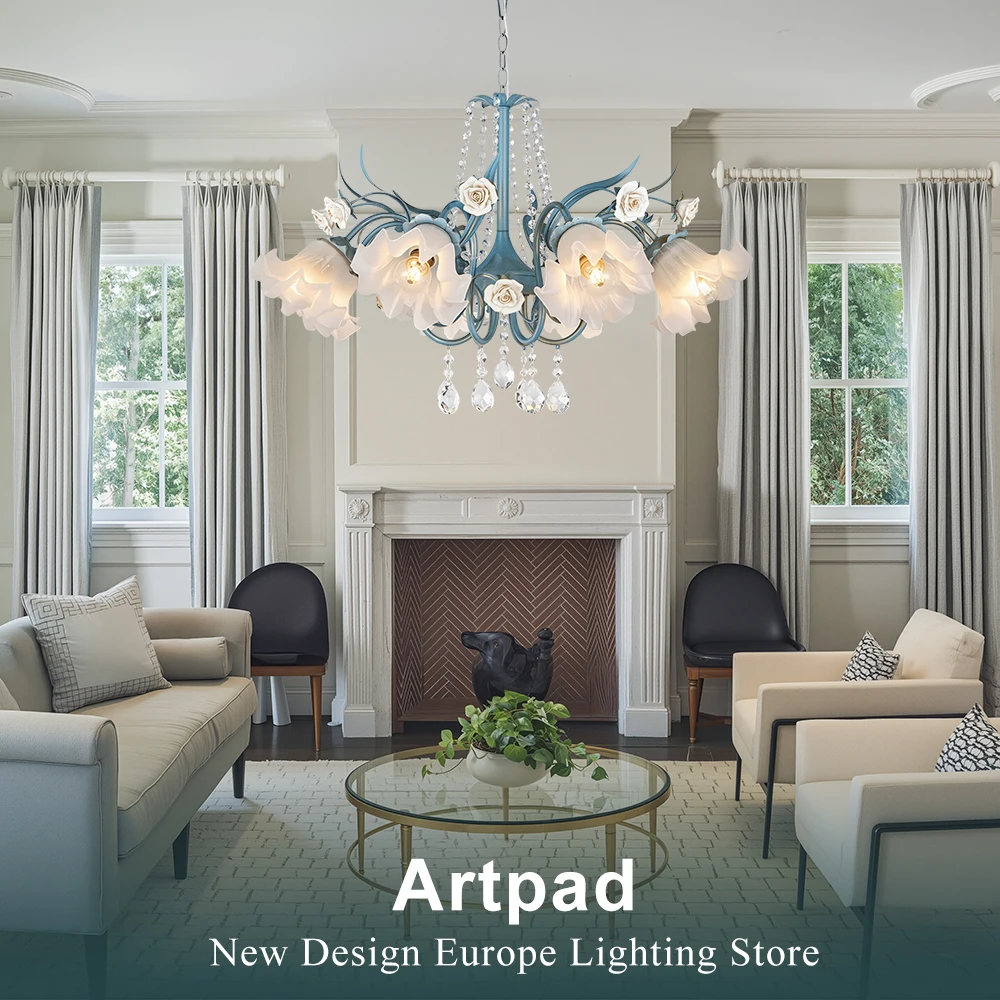 Nordic Luxury Flower Chandelier For Kitchen Table Living Room Bedroom Blue Iron Pendant Light With K9 Crystal Ceramic Roses