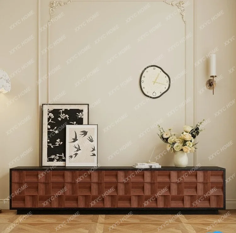 

LMedieval solid wood floor-to-ceiling TV cabinet integrated with ash wood TV cabinet against the wall