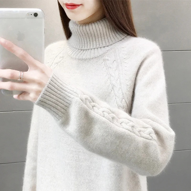 Korean Lazy Wind Women Sweaters And Pullovers 2022 Autumn Winter Loose Long Sleeve Knitted Turtleneck Sweater Female Blue NS5032